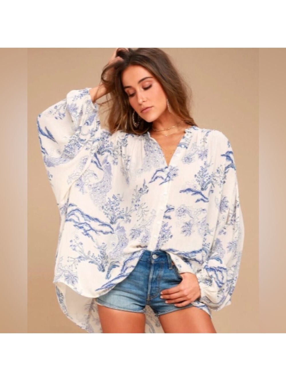 Free People Metallic Blooms Peacock Blouse - Size Small 🩵